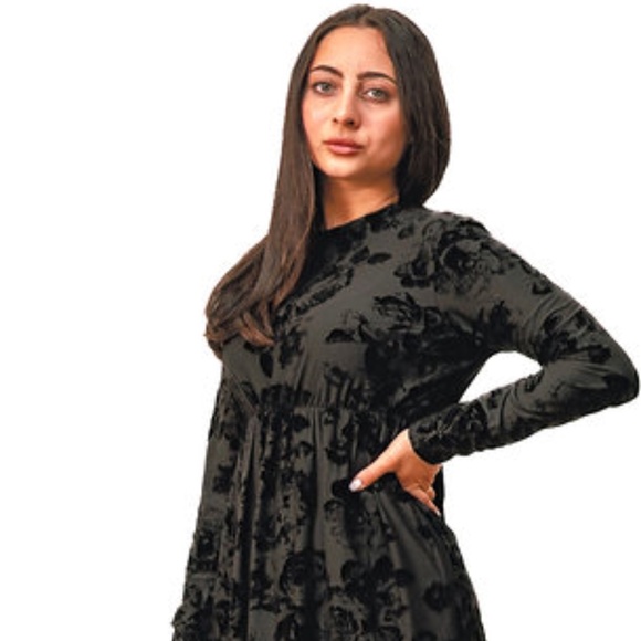 DEVORAH'S SECRET Modest Dress Empire Waist Black Velvet Floral - Picture 2 of 3